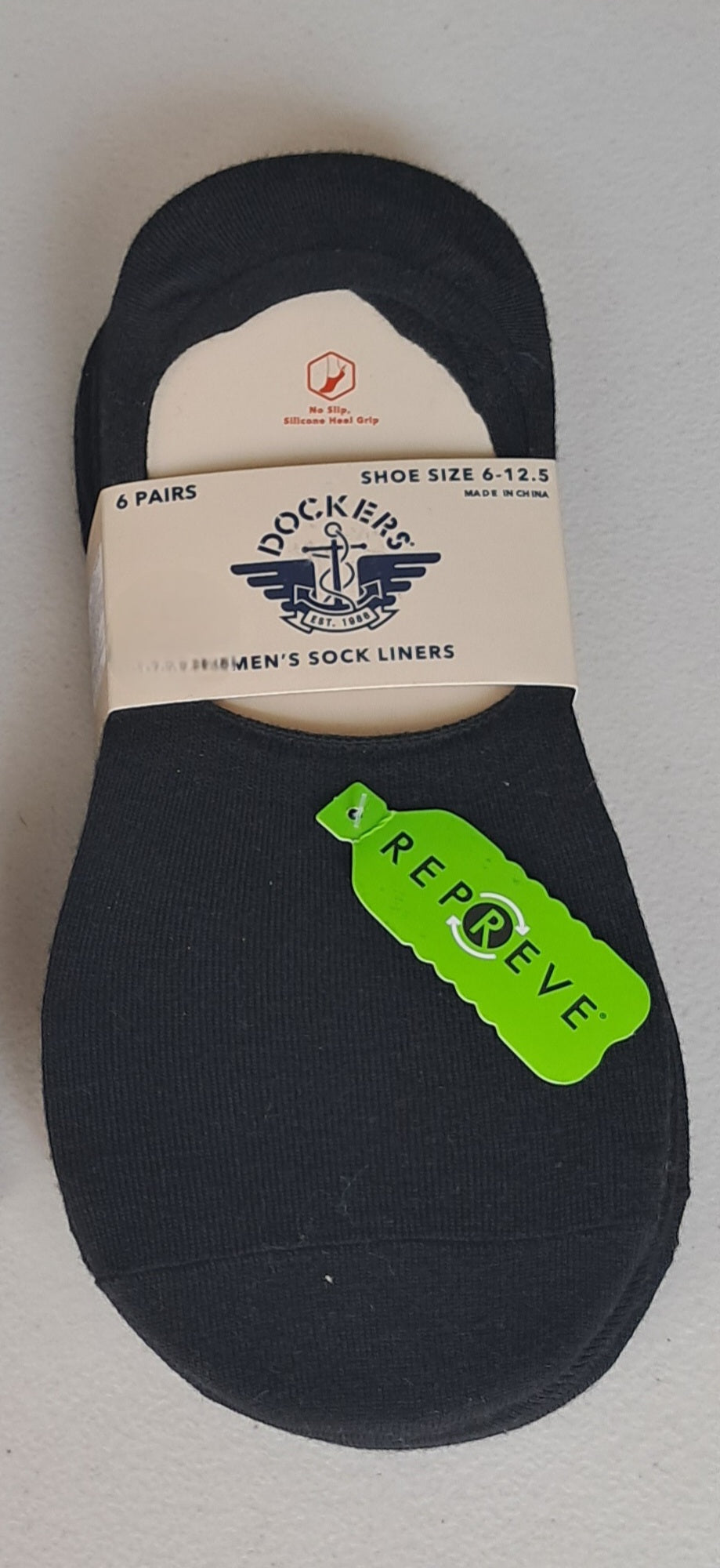 Pack 6 pares protectores Dockers no-show invisibles. Tecnología agarre silicona talón. Materiales reciclados sustentables Repreve. Talla 6-12.5. Minicostos RM.