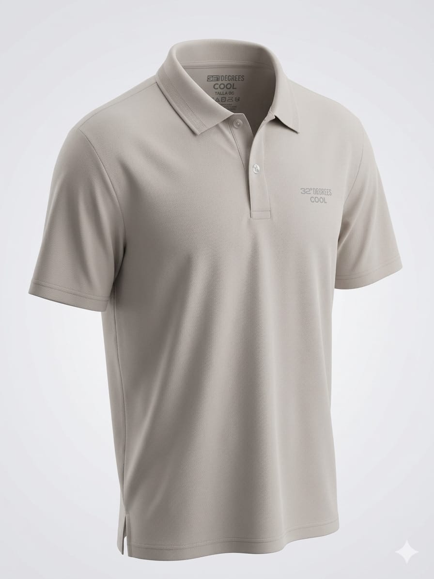 Playera tipo polo 32° Degrees Cool en beige. Tecnología de secado rápido y absorción de humedad. Tacto ultra suave, ligera. Nueva. Minicostos RM.