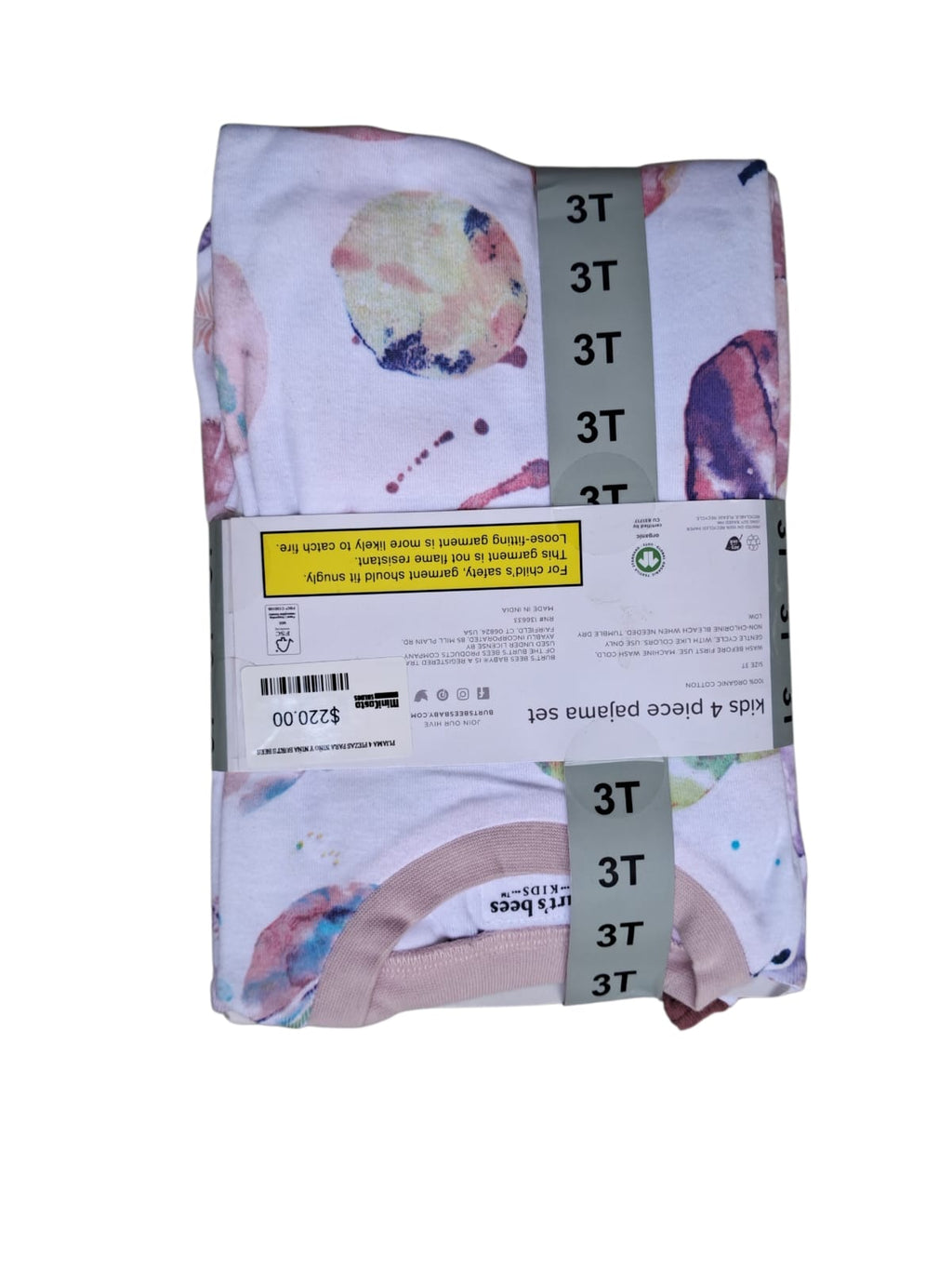 Pijama Burt's Bees Baby set 4 piezas talla 3T. 100% algodón orgánico certificado. Corte snug-fit, estampados dinosaurios. Seguro para piel sensible. Minicostos RM.