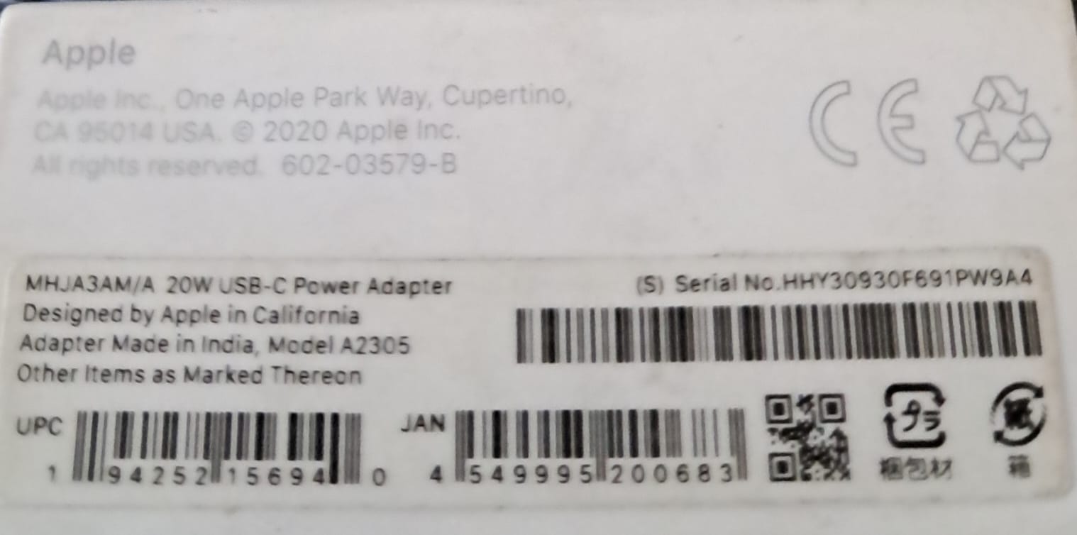 Cargador Apple 20W USB-C Power Adapter | Nuevo en Caja