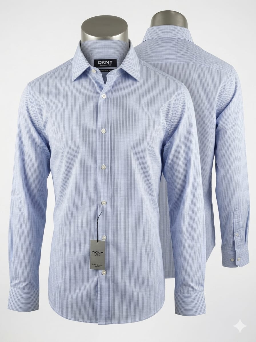 Camisa DKNY de vestir en azul texturizado, talla M. Corte moderno slim fit, botones grabados. Elegancia y comodidad para tu look ejecutivo. Nueva. Minicostos RM.