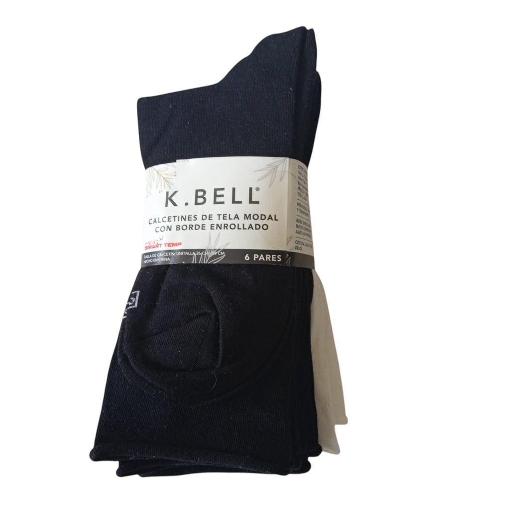 6-Pack K-Bell Calcetines de Tela Modal con Borde Enrollado y Heiq Smart Temp (Blanco/Negro, Unitalla)