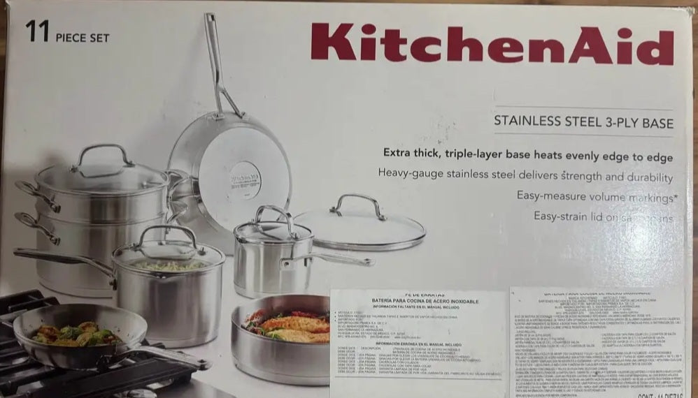 Set de ollas y sartenes KitchenAid acero inoxidable de 11 piezas. Base 3 capas, compatible con inducción. Mangos ergonómicos. Calidad profesional. Minicostos RM.