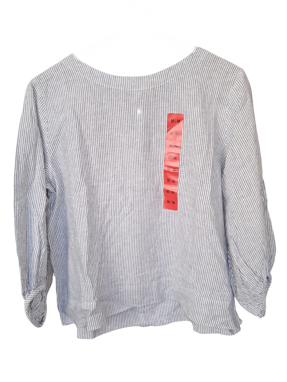 Camisa Manga Corta Matty M de Lino - Rayas Clásicas Gris/Blanco - Talla M - Nueva