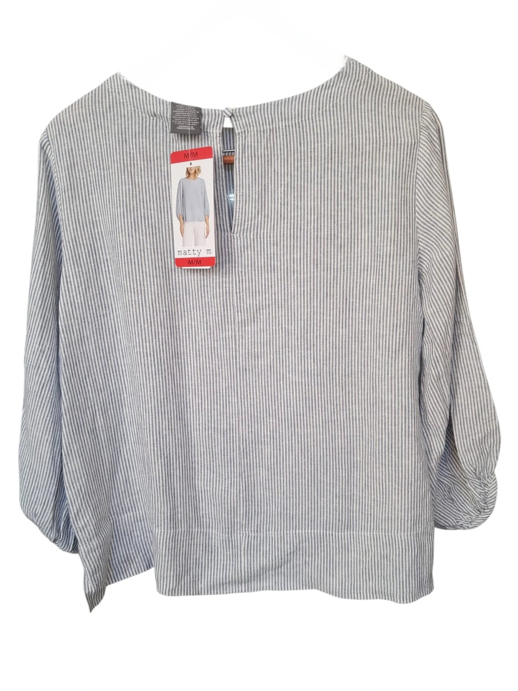 Camisa Manga Corta Matty M de Lino - Rayas Clásicas Gris/Blanco - Talla M - Nueva
