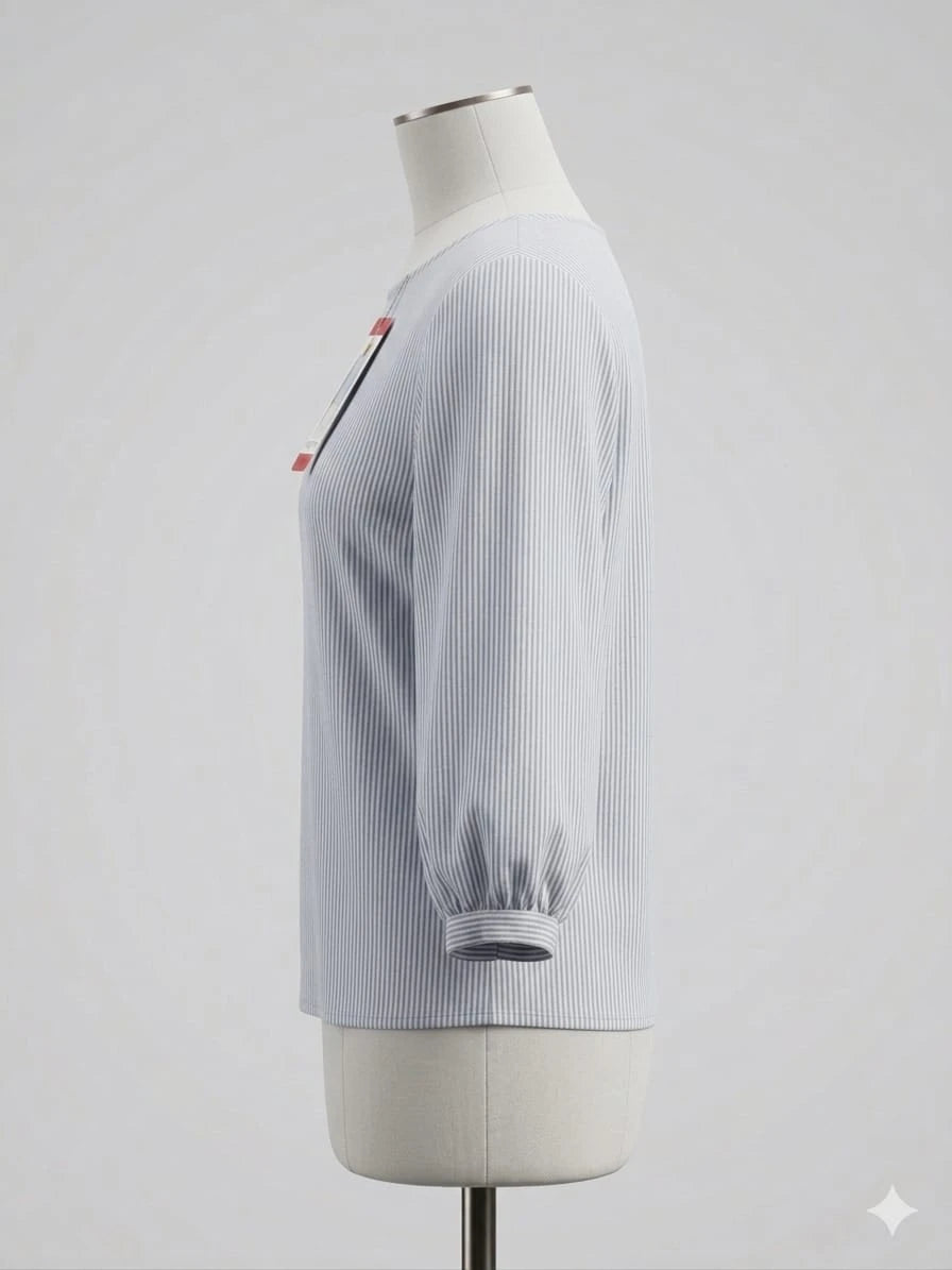 Camisa Manga Corta Matty M de Lino - Rayas Clásicas Gris/Blanco - Talla M - Nueva