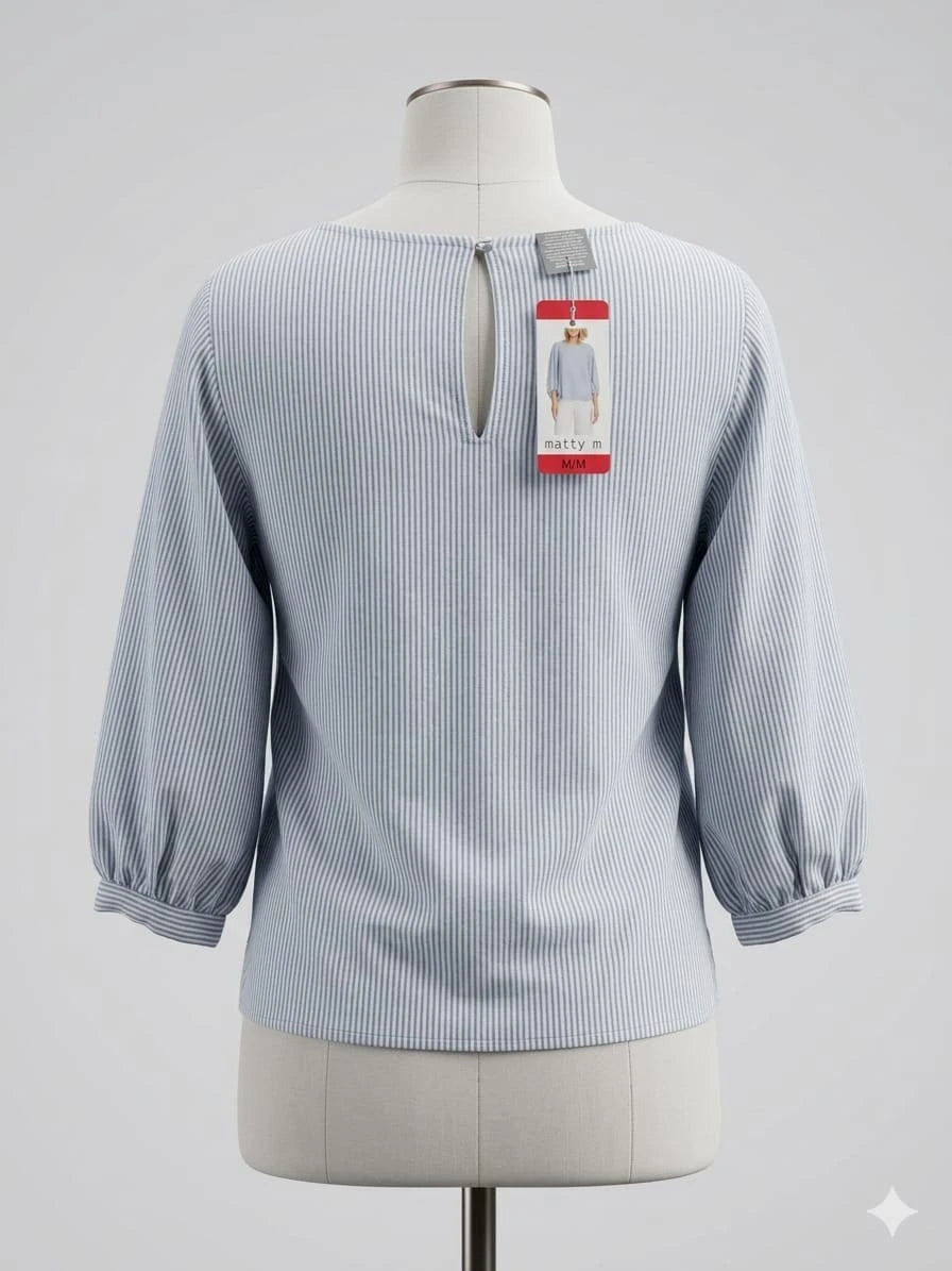 Camisa Manga Corta Matty M de Lino - Rayas Clásicas Gris/Blanco - Talla M - Nueva