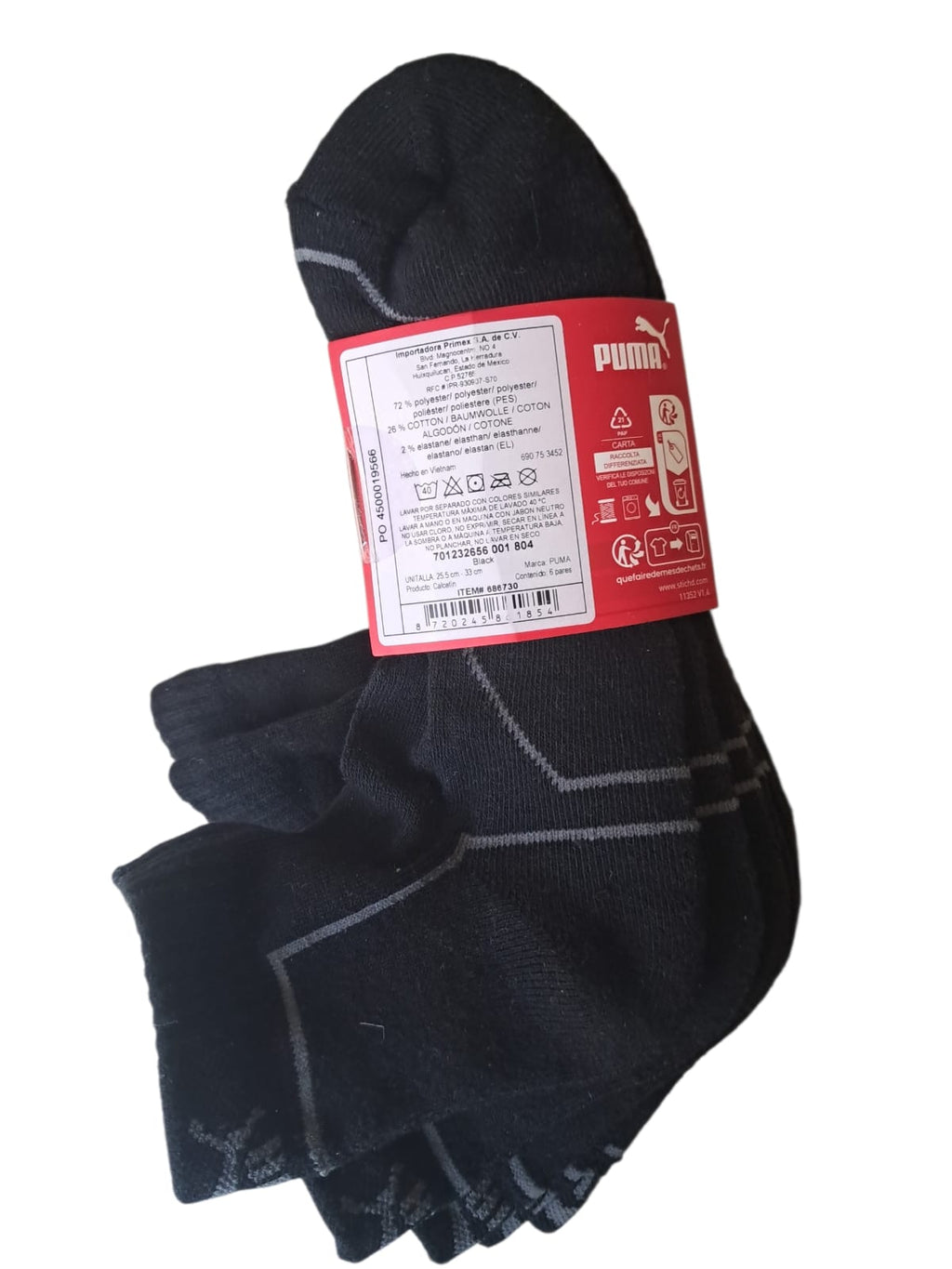 Calcetines Puma Men's Sport Quarter | Pack 6 Pares | Negros | Nuevos