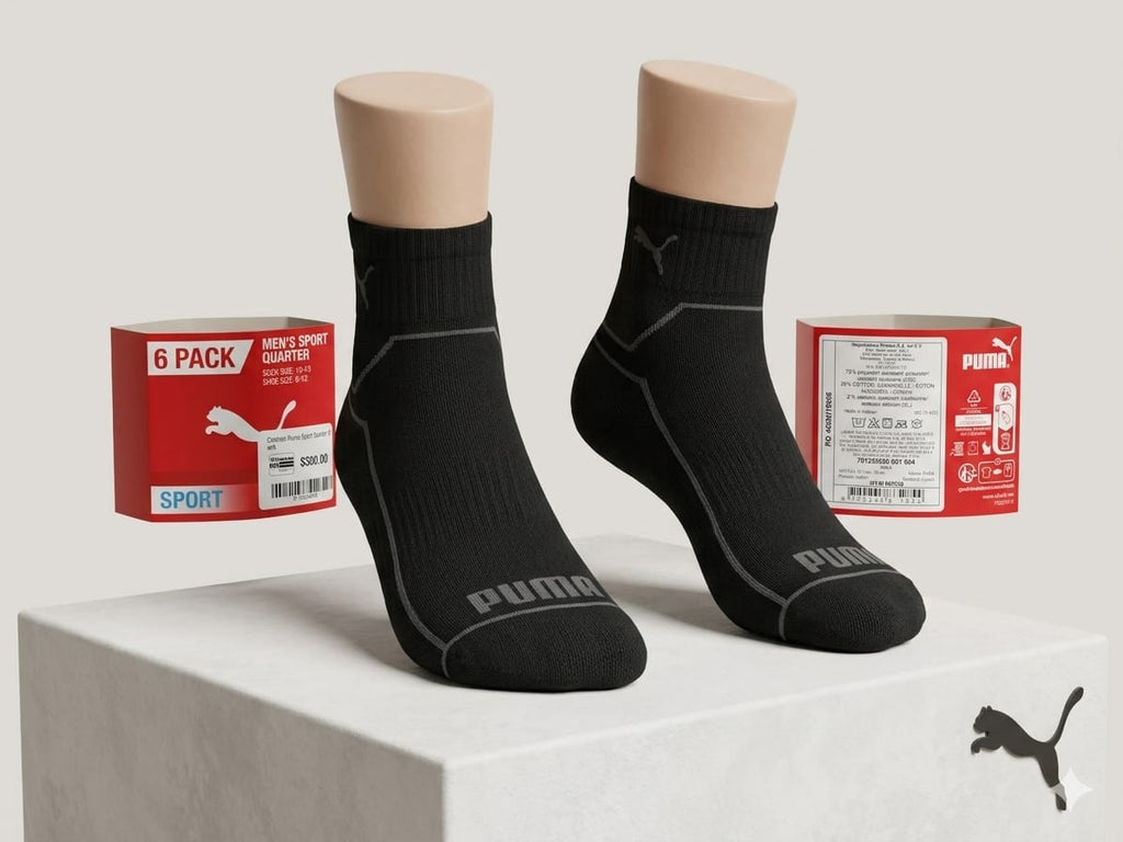 Calcetines Puma Men's Sport Quarter | Pack 6 Pares | Negros | Nuevos