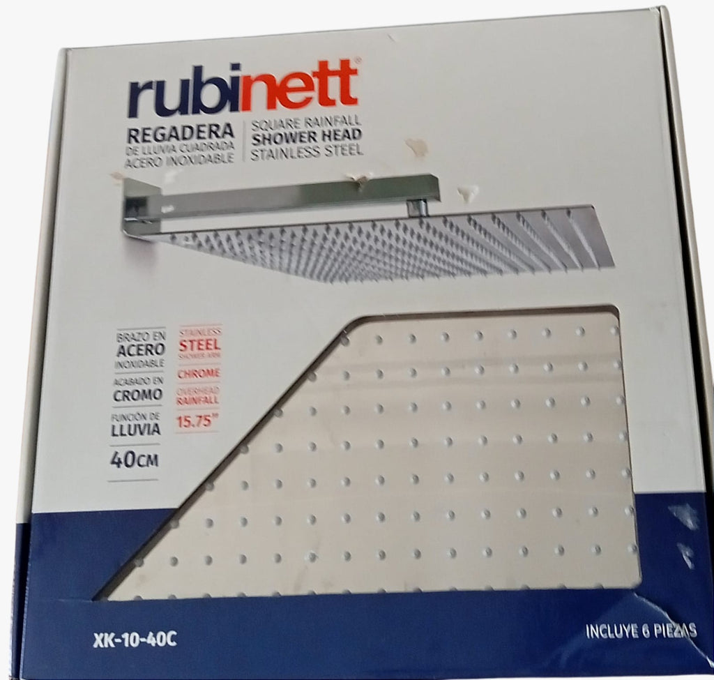 Regadera cuadrada jumbo Rubinett XK-10-40C. 40x40 cm, acero inoxidable cromo espejo. Boquillas silicona antisarro, ducha tipo lluvia. Minicostos RM.