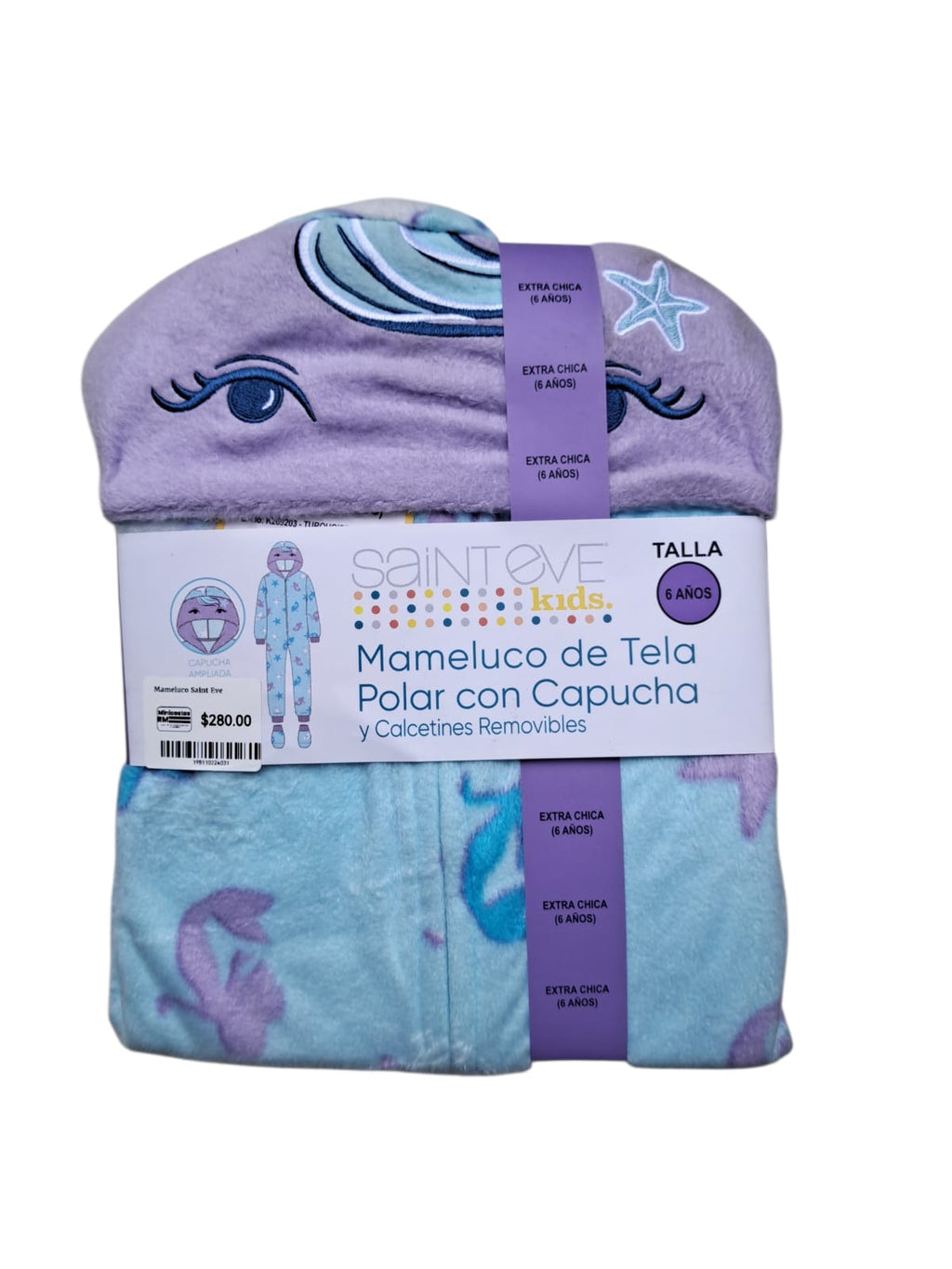Mameluco Saint Eve polar suave. Unicornio (rosa tie-dye) o Sirena (azul estrellas). Calcetines removibles, flame resistant. Tallas 6 a 16 años. Minicostos RM.
