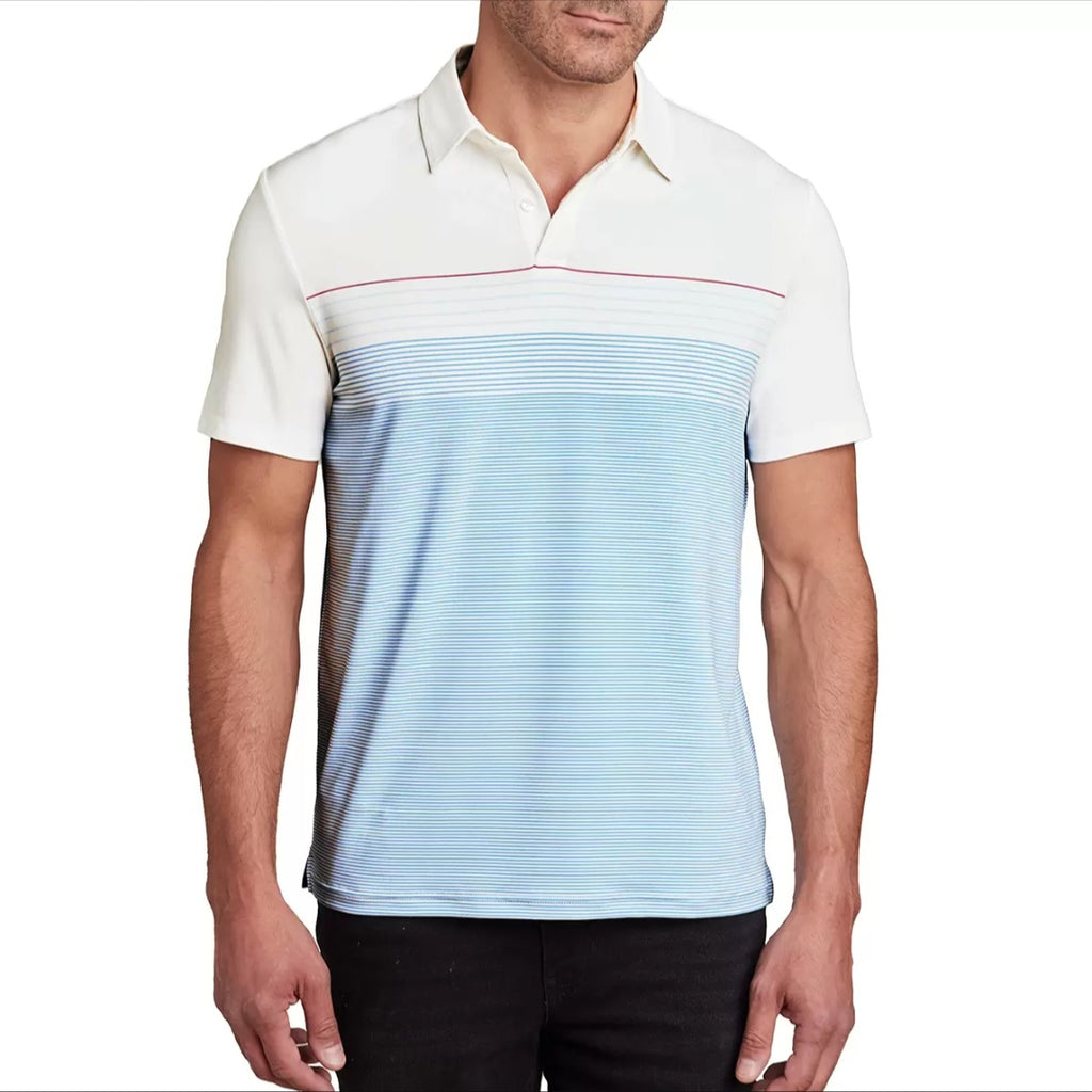 Playera polo English Laundry bloques de color. Blanco con degradado líneas azules, detalle rojo. Tejido que mantiene forma y frescura. Nueva. Minicostos RM.