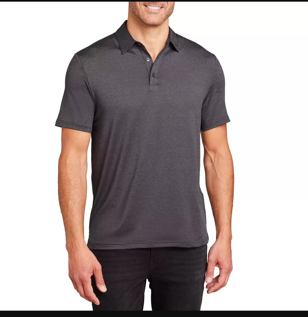 Playera polo English Laundry poliéster con elastano. Ligera, transpirable, elasticidad justa. Corte moderno, color gris. Tallas EX y L. Minicostos RM.