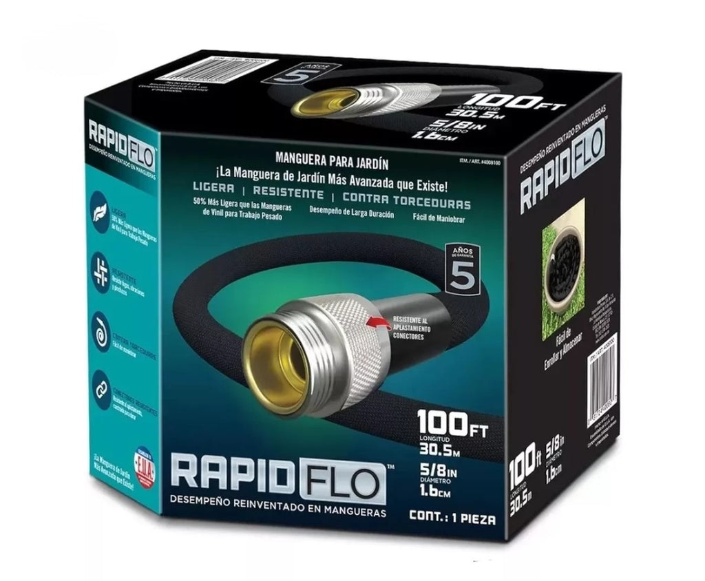 Manguera jardín Rapid FLO 30.5m. 50% más ligera, antitorceduras, flujo constante. Conectores alta resistencia. Ligera y duradera. Minicostos RM.
