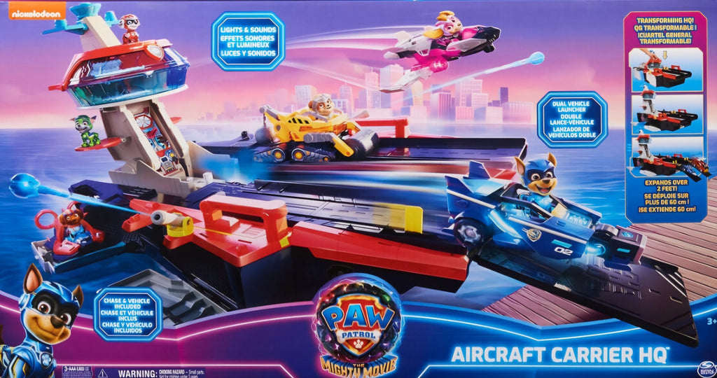 Paw Patrol The Mighty Movie Aircraft Carrier HQ. Más de 60 cm, luces y sonidos reales. Incluye Chase y su vehículo. Transformable 2 en 1. Minicostos RM.
