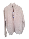 Suéter cárdigan Buffalo para caballero talla G. Tejido de punto texturizado, cuello alto, cierre frontal. Beige jaspeado, cálido y elegante. Minicostos RM.