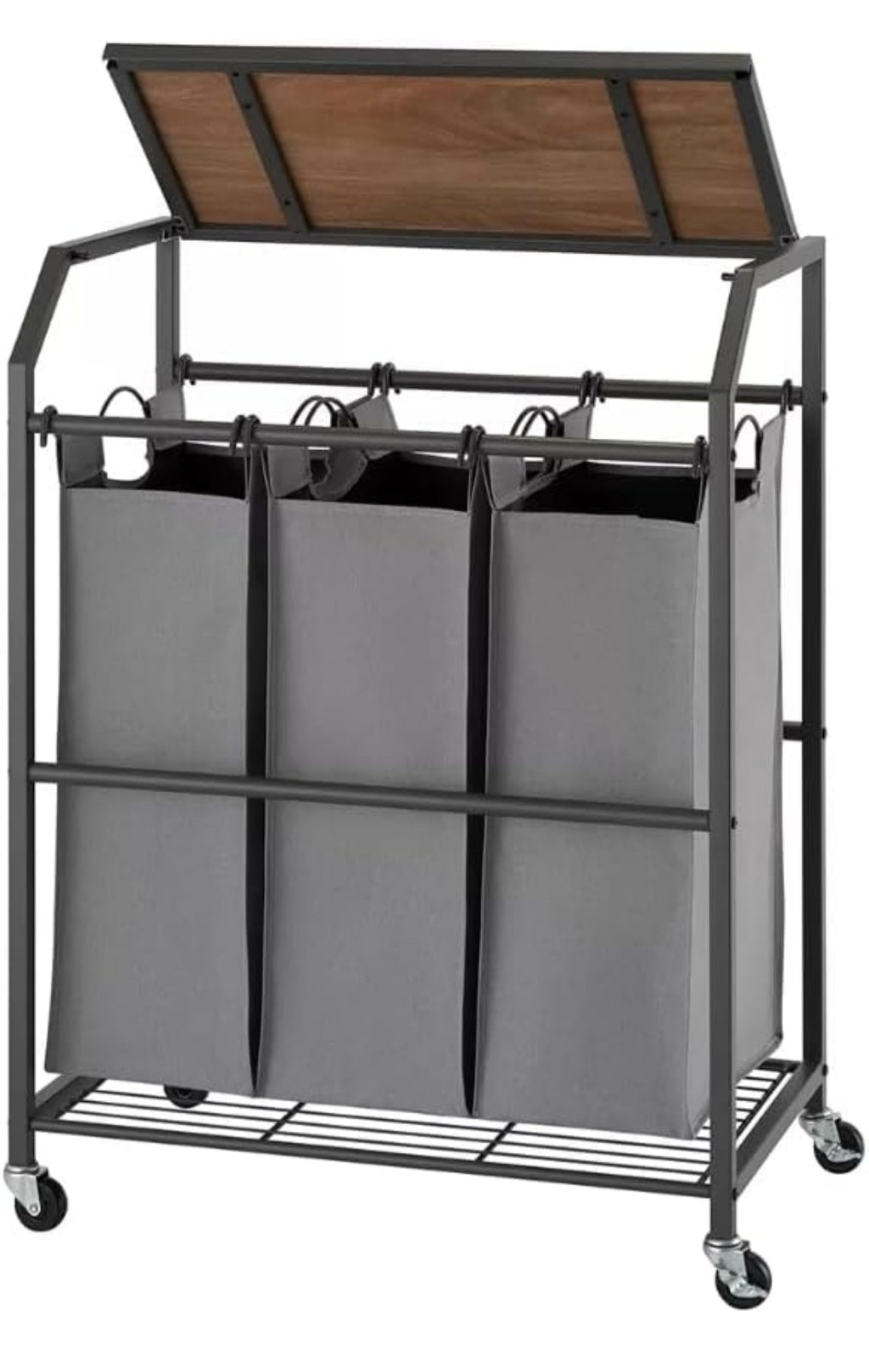 Organizador lavandería Trinity clasificador 3 bolsas con ruedas. Bolsas removibles y lavables, estructura acero. Separa blancos, oscuros y delicados. Minicostos RM.