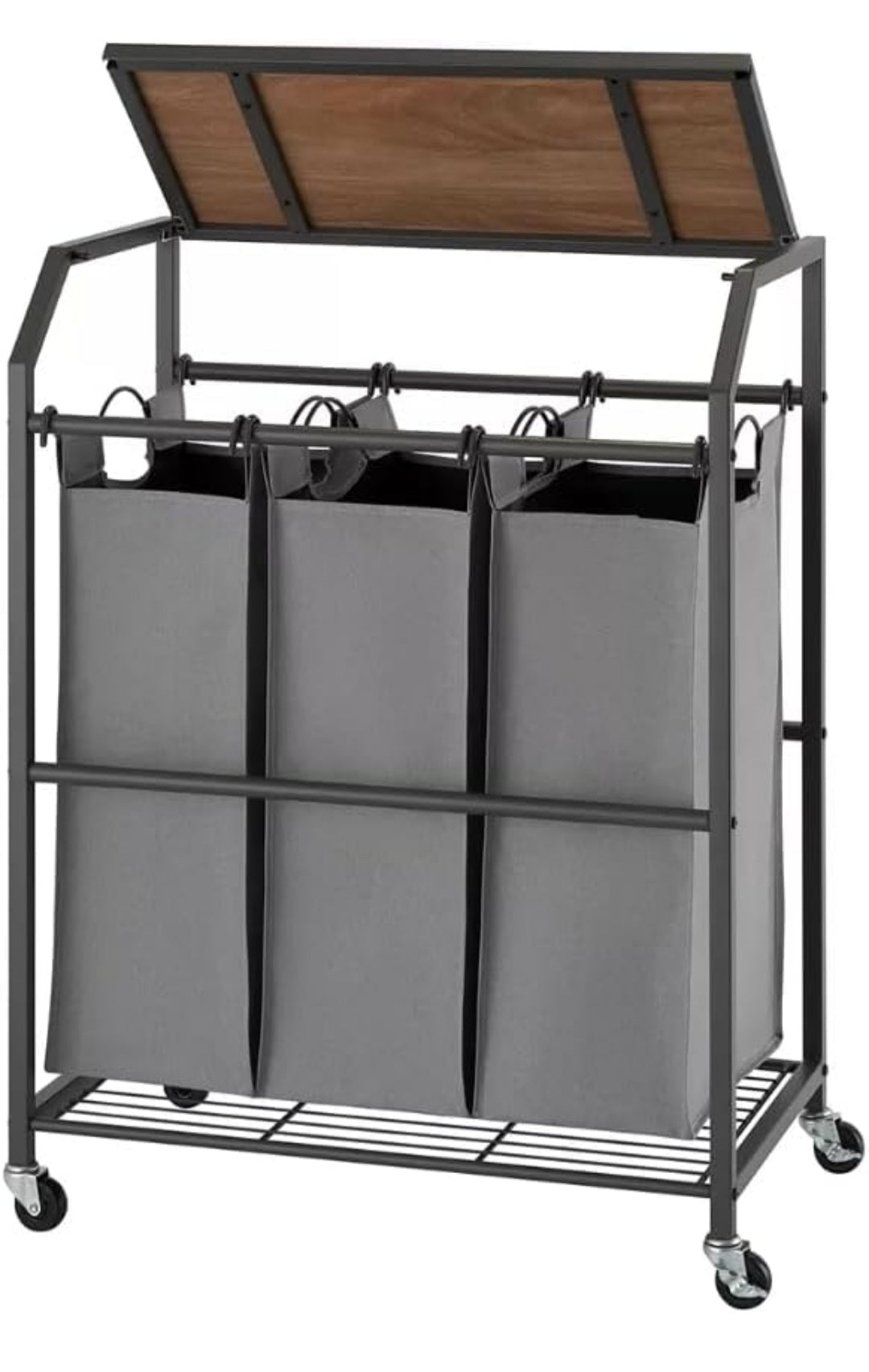 Organizador lavandería Trinity clasificador 3 bolsas con ruedas. Bolsas removibles y lavables, estructura acero. Separa blancos, oscuros y delicados. Minicostos RM.