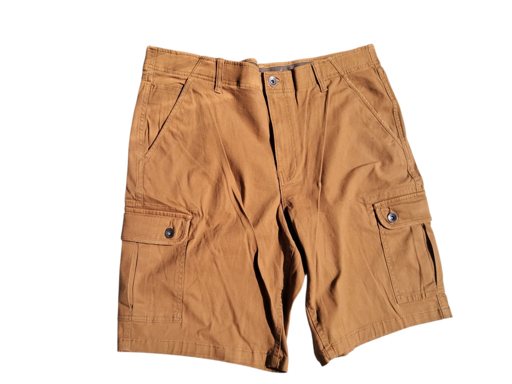 Bermuda cargo Weatherproof Vintage. Ajuste flex, múltiples bolsillos con solapa. Algodón con stretch. Colores marrón y verde. Tallas 36 y 40. Minicostos RM.