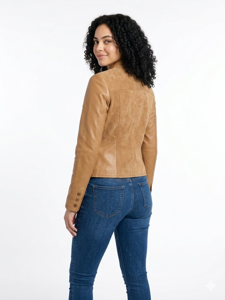 Chamarra Weatherproof Dama | Estilo Piel Color Miel y Negro | Tallas M y XL