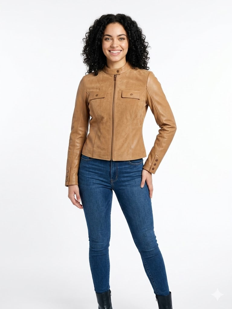 Chamarra Weatherproof Dama | Estilo Piel Color Miel y Negro | Tallas M y XL