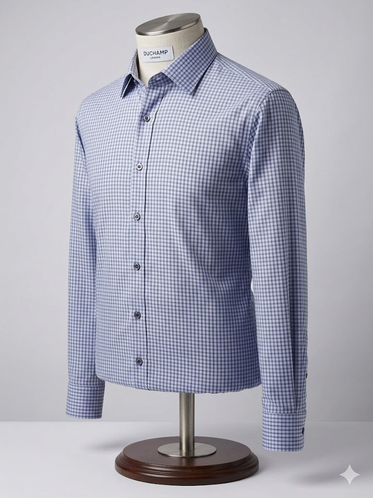 Camisa de vestir Duchamp London talla EG. 97% algodón stretch con patrón micro-dot geométrico. Disponible en rosa y azul. Elegancia ejecutiva. Minicostos RM.