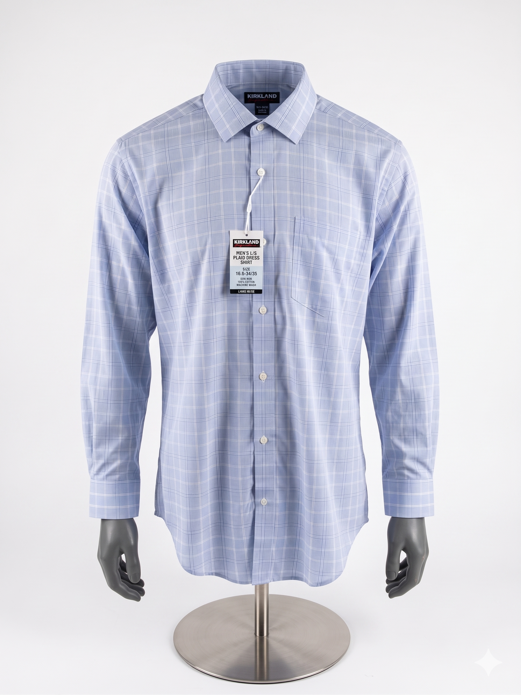 Camisa Kirkland Signature Performance en azul claro con cuadros. Tecnología moisture-wicking, elasticidad y resistencia a arrugas. Nuevo. Minicostos RM.