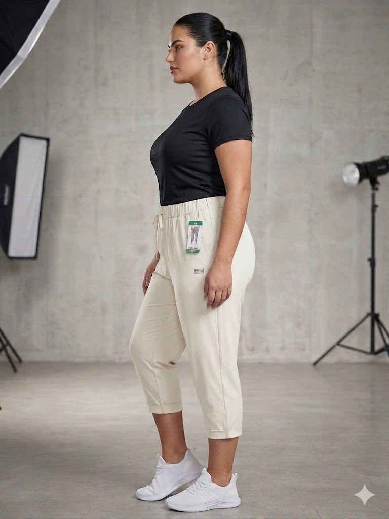 antalón Capri para Tallas Grandes (Curvy) - Crema o azul celeste- Cintura Fruncida y Cordón