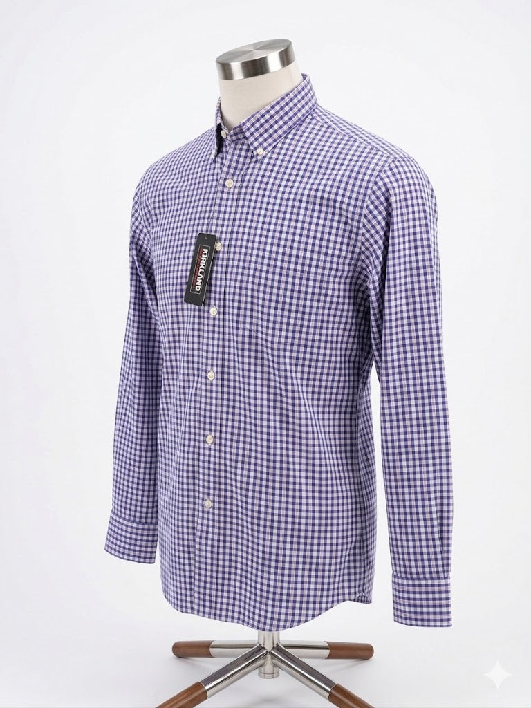 Camisa Kirkland Signature manga larga. Patrón cuadros tipo gingham en tonos azul y blanco. Ajuste tradicional, calidad premium. Nueva. Minicostos RM.