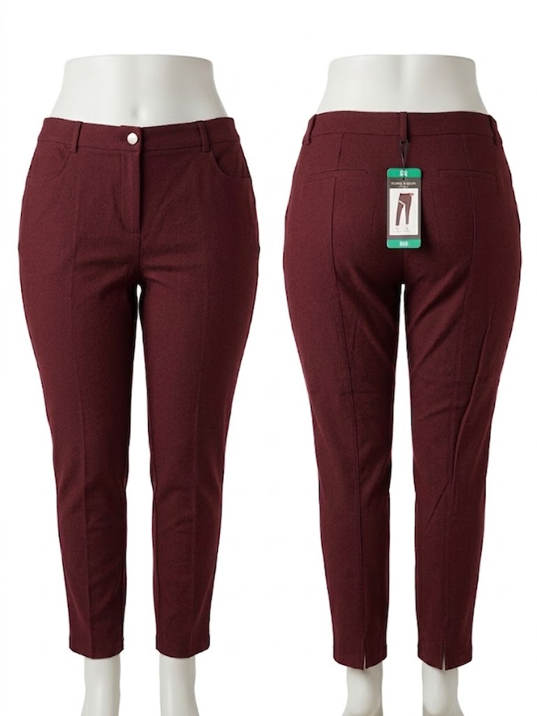 Pantalón texturizado Mario Serrani corte cónico. Aberturas laterales en dobladillo. Colores borgoña, verde paja y negro. Tallas CH, M, EG. Minicostos RM.