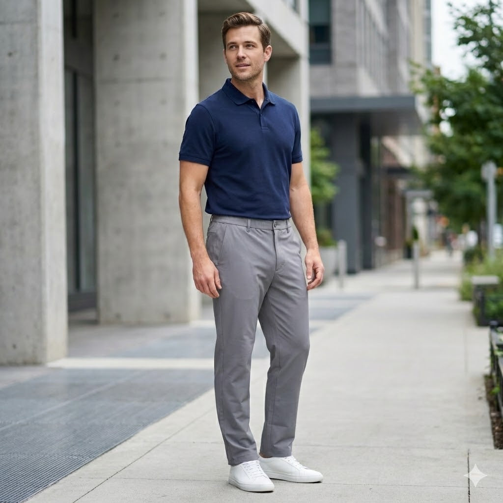Pantalón Marc New York con Flex Waistband. Bolsillo para smartphone, bolsillos traseros con botón. Gris, corte moderno. Tallas 38 y 40. Minicostos RM.