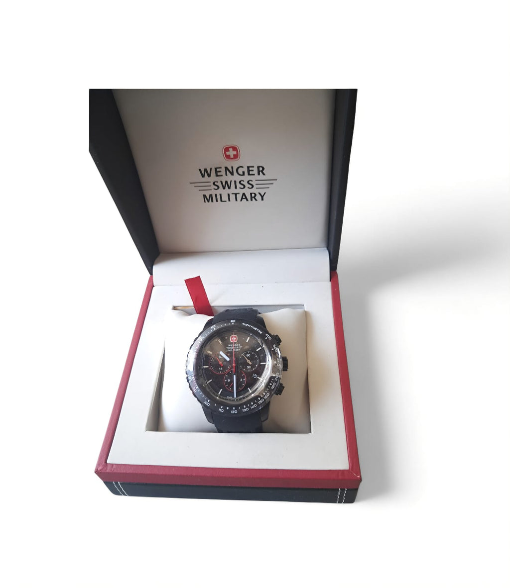 Reloj Wenger Swiss Military Sea Force cronógrafo. Acero inoxidable chapado, esfera texturizada. 200m resistencia, goma negra. Caja regalo original. Minicostos RM.